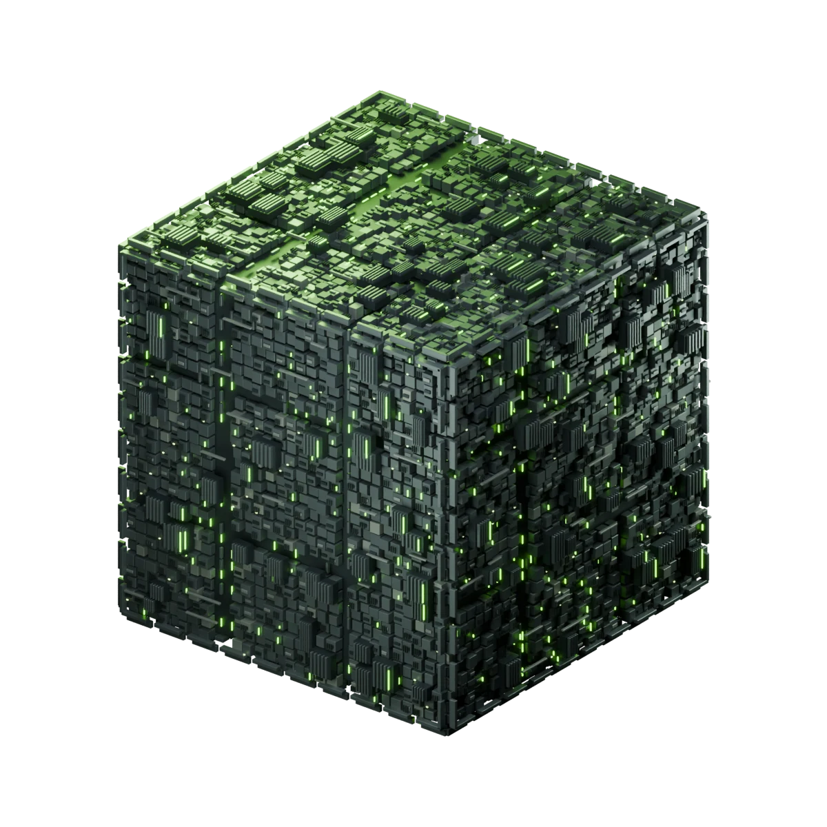 A dark industrial cube ship floating in space, with layered metallic plates, recessed channels and green illuminated details.